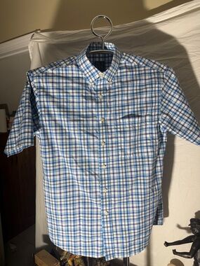 Jos. A. Bank Blue and White Plaid Short Sleeve Button-Down